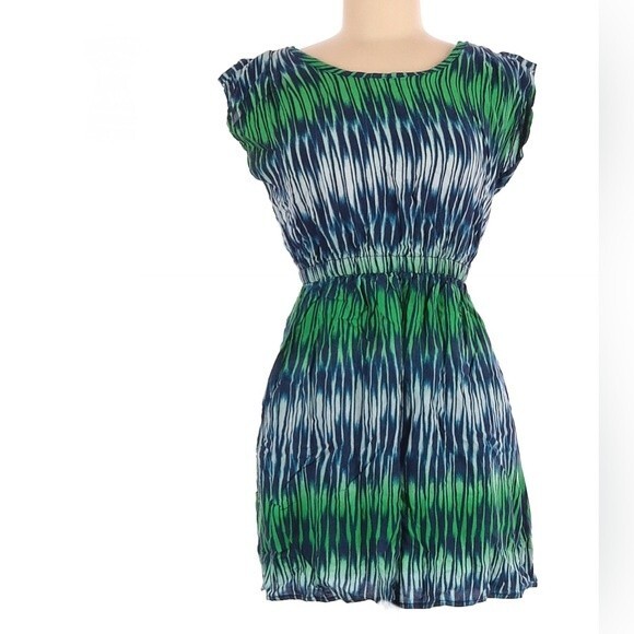 Blue and green abstract print short cap sleeve dress size small - Picture 1 of 6
